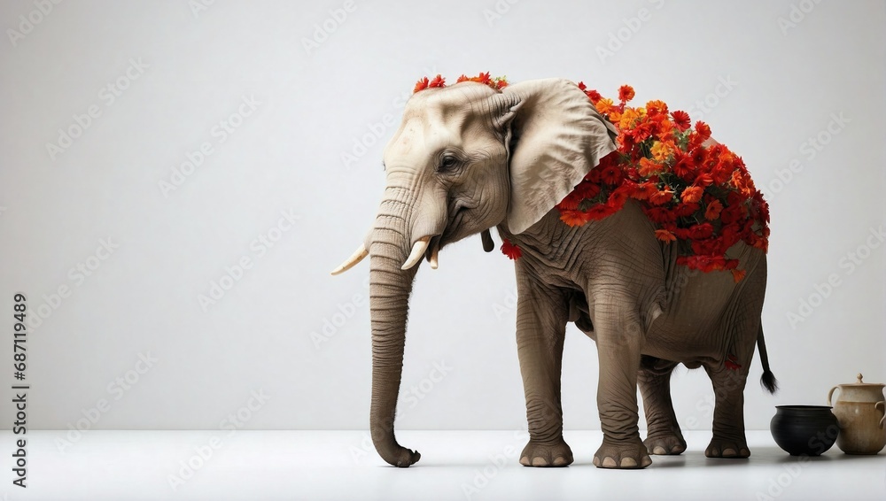 Decorated elephant with vibrant orange flowers in a minimalist studio, symbolizing cultural celebration