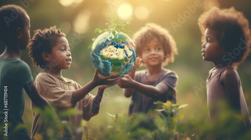 Peaceful Future Concept: African Children with Earth Globe