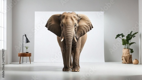 African elephant standing frontally in a bright minimalist studio, offering a majestic full-body portrait