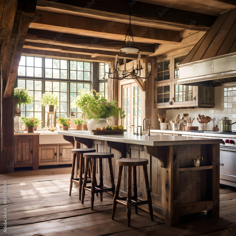 Rustic Kitchen: Images of a charming rustic kitchen with wooden beams, farmhouse-style decor, and vintage details, showcasing the warm and inviting ambiance of rustic interior design
