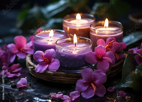 Beautiful purple burning candles next to fresh orchids. Theme of relaxation and aromatherapy.