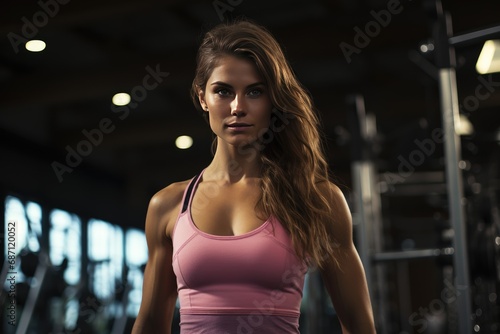 A strong, beautiful girl with long hair is standing in the gym. Healthy lifestyle and fitness theme.