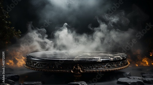 Mystical podium made of black stone against the background of fog.