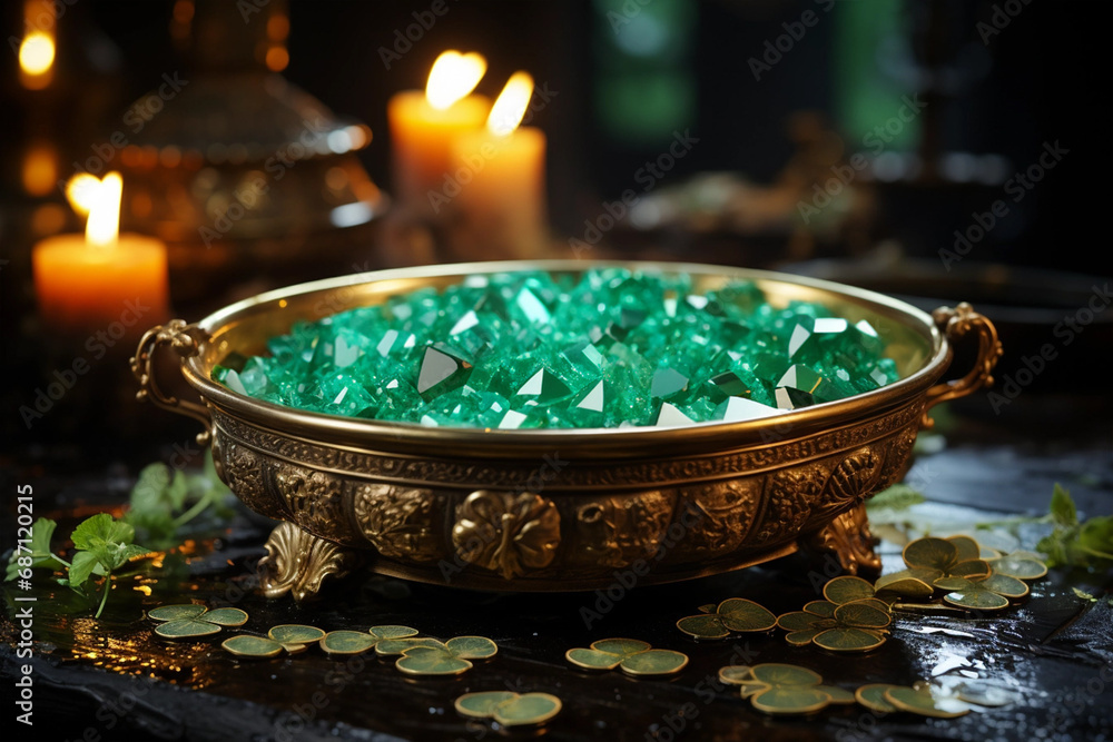 Metal pot full of emeralds and gold coins, St Patricks day decoration Metal pot full of emeralds and gold coins, St Patricks day decoration