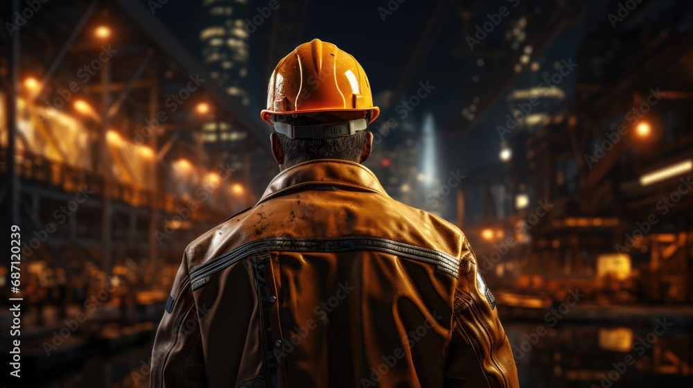 A male architect-builder stands in a hard hat against the background of a building under construction. Back view. A male architect-builder stands in a hard hat against the background of a building under construction. Back view.