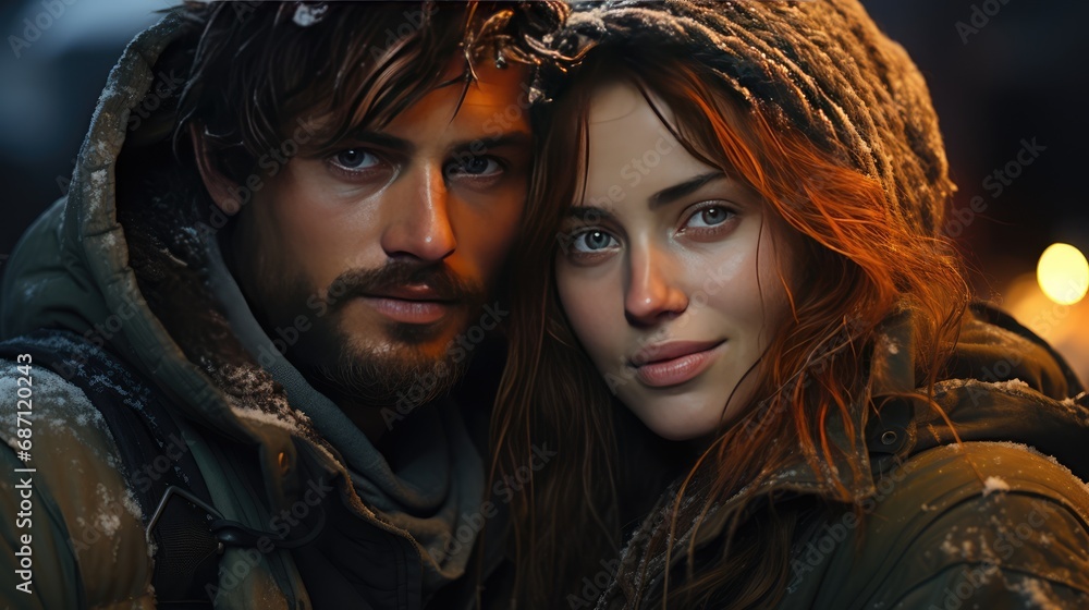 A couple in love, a man and a woman, stand next to each other in warm jackets and hoods. Winter cold season. Close-up photo.