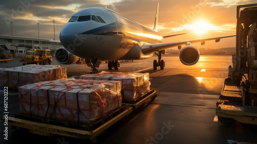 Packed boxes with goods stand near the plane. Transportation of large-size cargo.