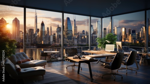 Magnificent panoramic views through the large glass windows of the office building over the huge city.