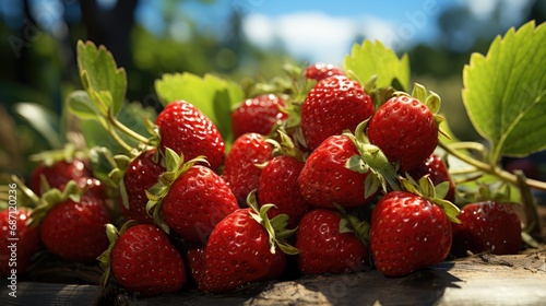 Large red appetizing strawberries against a background of green fields. The theme of a good harvest and proper nutrition.