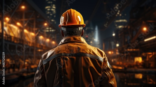 A male architect-builder stands in a hard hat against the background of a building under construction. Back view.