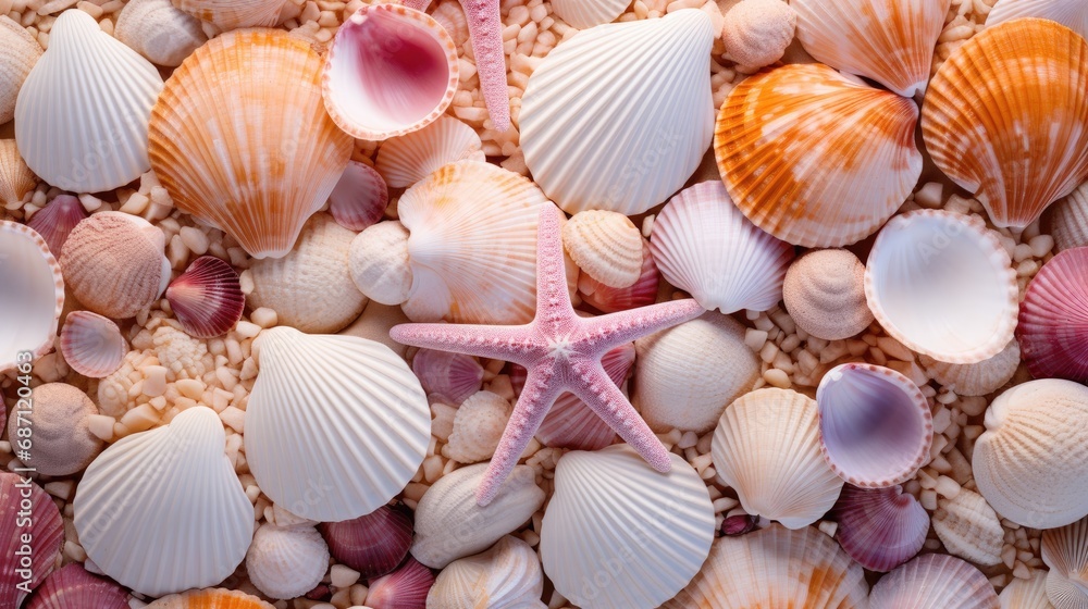 Seashells and starfish. Top view, close-up. The theme is the sea element.