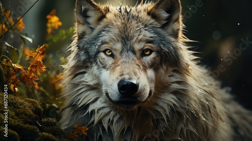 Wild predatory timber wolf close-up against the backdrop of a dense forest.