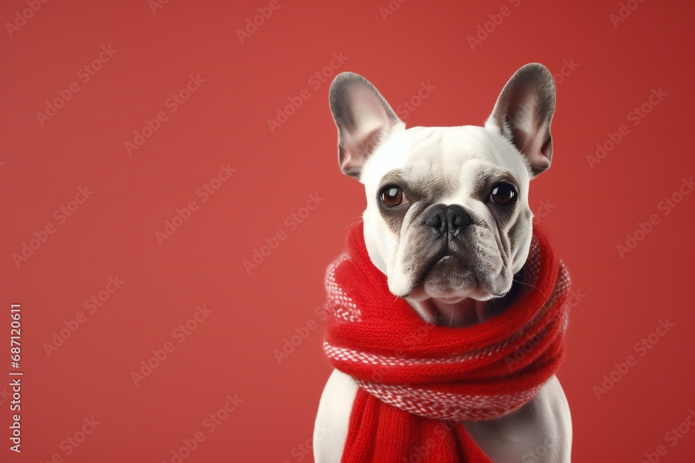 adorable purebred french bulldog in red scarf isolated, studio shot