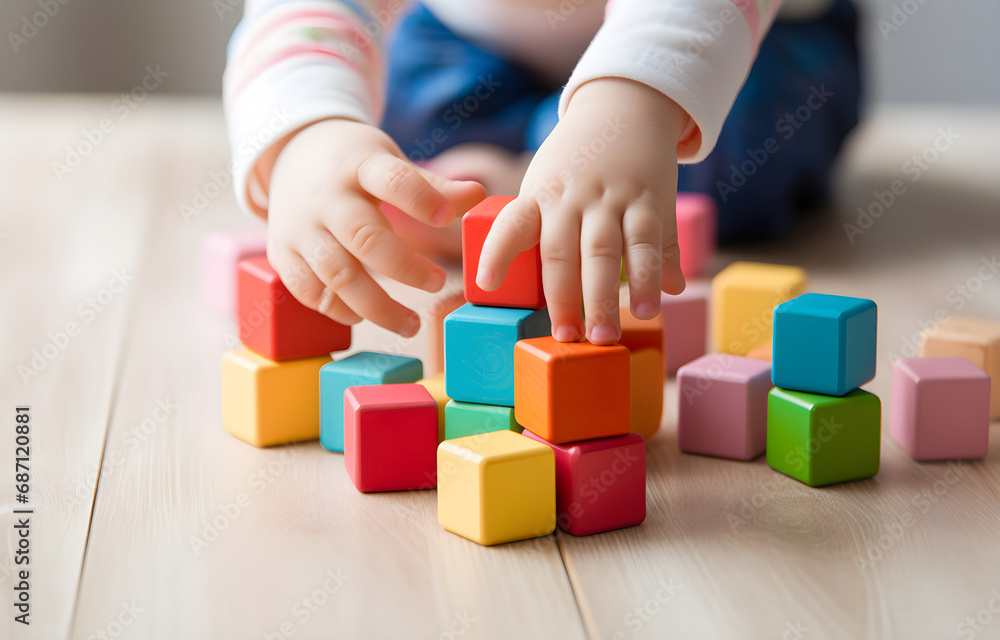 children's hands playing toy cubes on a white wooden table soft light children's hands playing toy cubes on a white wooden table soft light