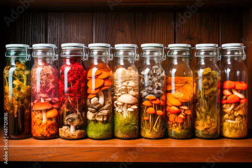 Jars of different colorful fungi on a wooden shelves.