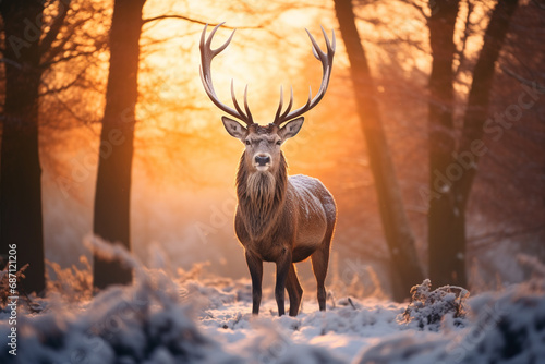 Red deer standing on frost snow in the forest