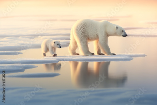 Mom and baby polar bear walking together