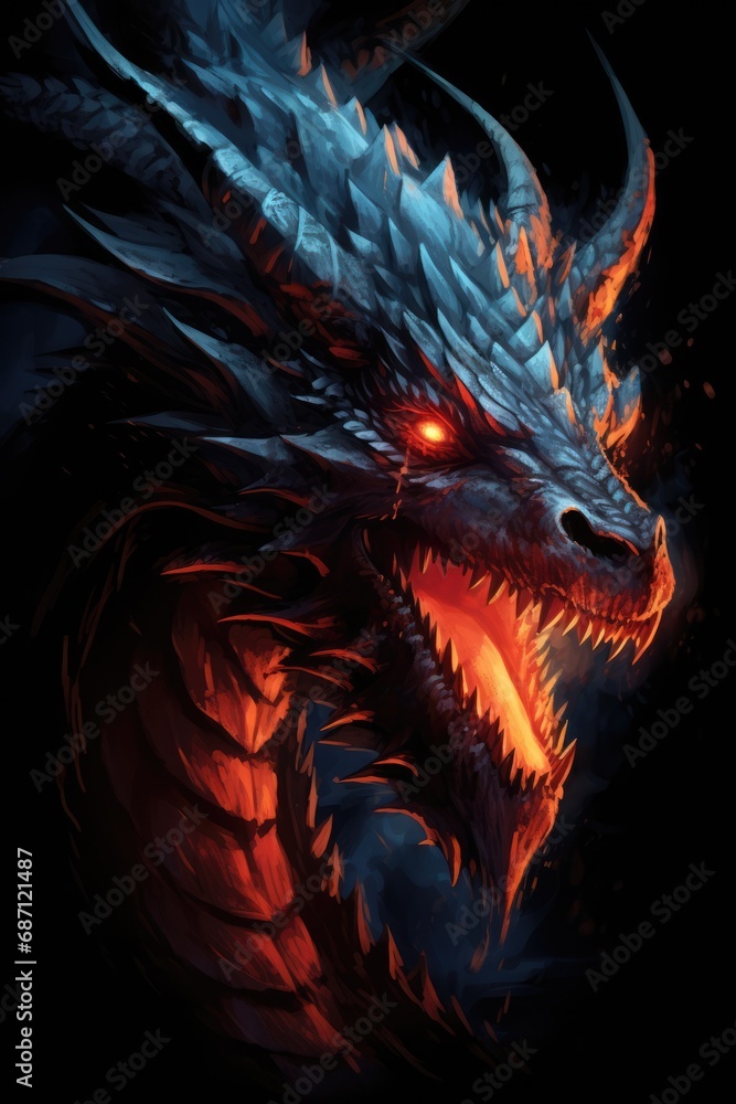 Devilish evil threatening dragon in red flaming flames. Symbol of rage. Devilish evil threatening dragon in red flaming flames. Symbol of rage.