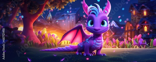 A beautiful cute purple magic dragon with big kind eyes sits against the backdrop of a fairy forest. A wonderful and sweet character. photo