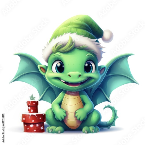 Cute funny charming dragon in Santa's hat sits next to gifts. Symbol of the New Year.