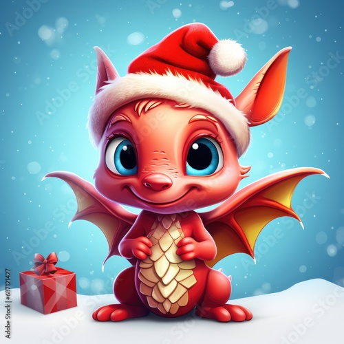Cute funny charming dragon in Santa's hat sits next to gifts. Symbol of the New Year.