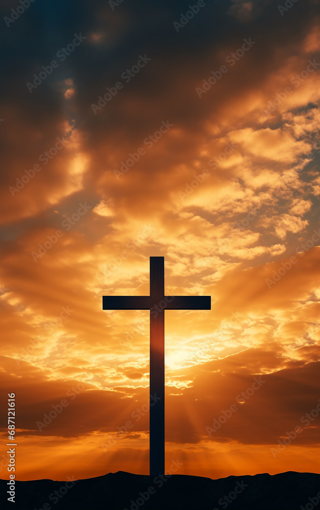 Cruz de jesus cristo em lindo pôr do sol, simbolo religioso de fé e ressurreição cristã 