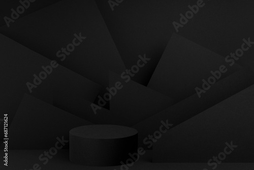 Abstract black scene with one cylinder podium template with angles, lines, corners pattern for presentation cosmetic products, goods, advertising, design. Black stage template in rich style.