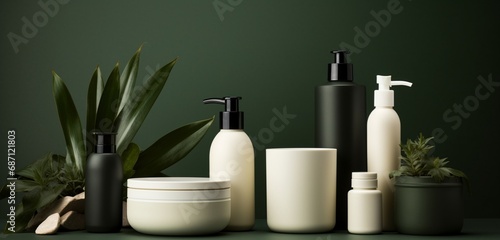 Luxurious skincare product range with matte, ivory white bottle and space for customization, set on a dark, forest green surface. Copy space on label.