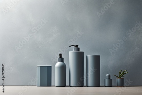 Minimalist skincare bottles in a cool slate blue, arranged on a sleek, white modern desk. Blank labels for unique branding, copy space on blank label.