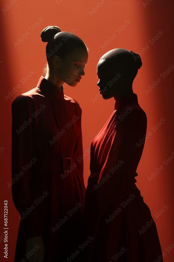 High fashion concept, silhouette of two people in front of red backdrop