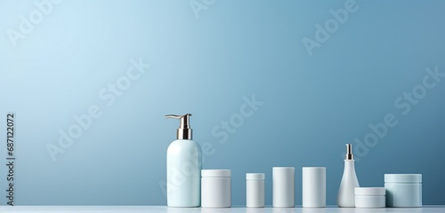 Minimalistic skincare bottles with a soft-touch texture and blank labels, arranged on a powder blue background for a fresh look. Copy space on label.