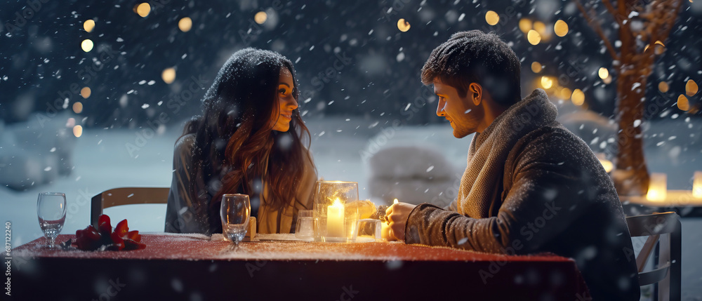 Happy couple man and woman having a date on winter evening restaurant terrace. romantic lesure, wintertime concept. Honeymoon. Generative ai