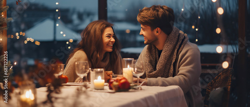 Happy couple man and woman having a date on winter evening restaurant terrace. romantic lesure, wintertime concept. Honeymoon. Generative ai