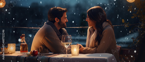 Happy couple man and woman having a date on winter evening restaurant terrace. romantic lesure, wintertime concept. Honeymoon. Generative ai photo