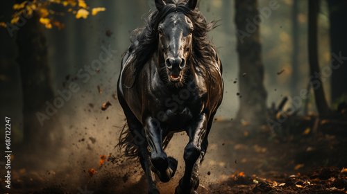 Dark stunning black horse in the woods © Shahir