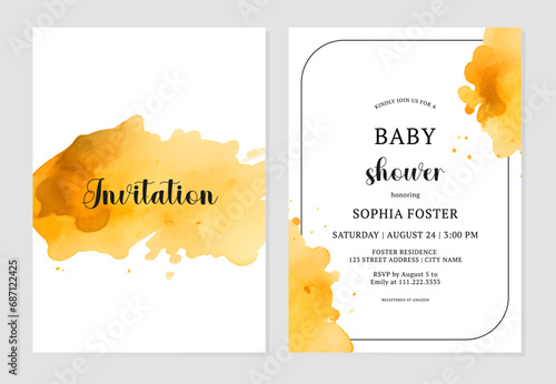 Invitation cards with yellow watercolor splash. Vector illustration template for baby and kids newborn celebration, birthday, wedding photo