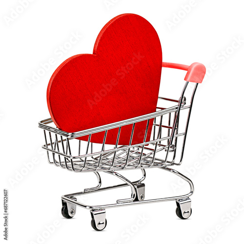 Wooden Red heart in mini grocery cart isolated on a transparent background