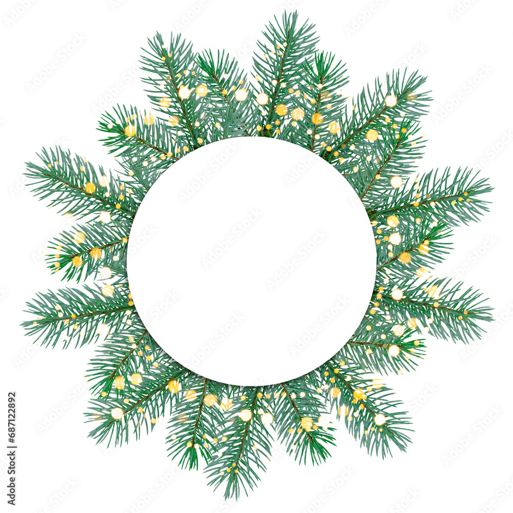 Flat lay composition with Christmas fir branches and blank circle card isolated on white background. Space for text Flat lay composition with Christmas fir branches and blank circle card isolated on white background. Space for text