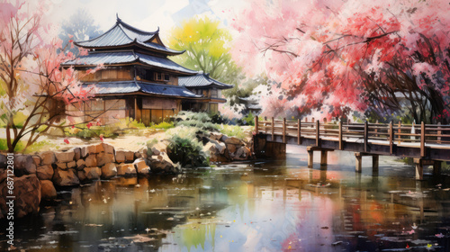 Serene Japanese Garden Watercolor Painting
