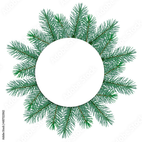 Flat lay composition with Christmas fir branches and blank circle card isolated on a transparent background. Space for text