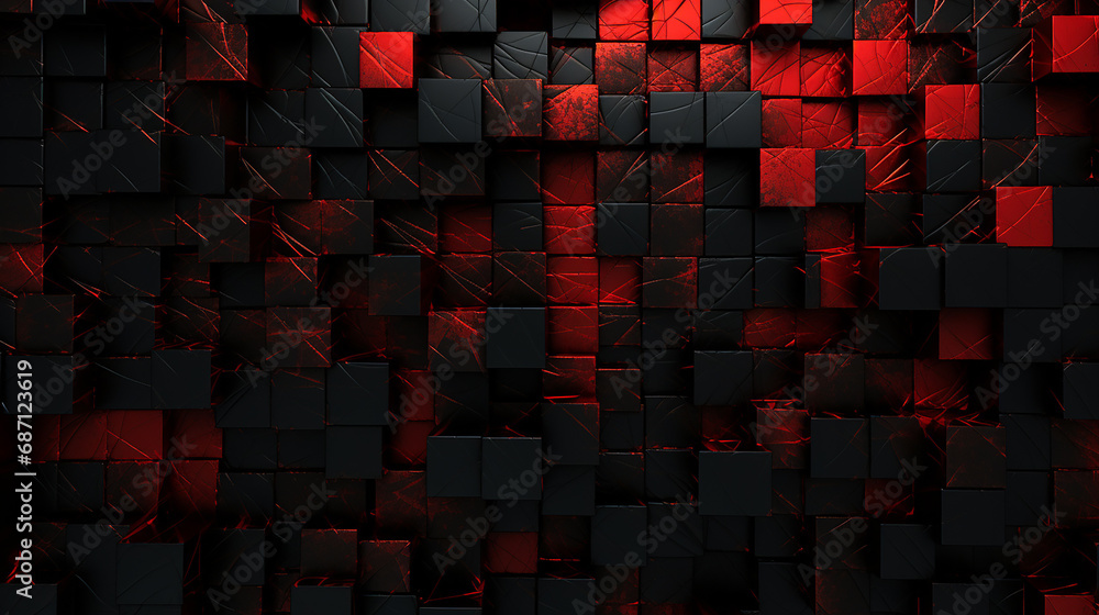 Modern 3d abstract small red and black square background - obrazy, fototapety, plakaty 