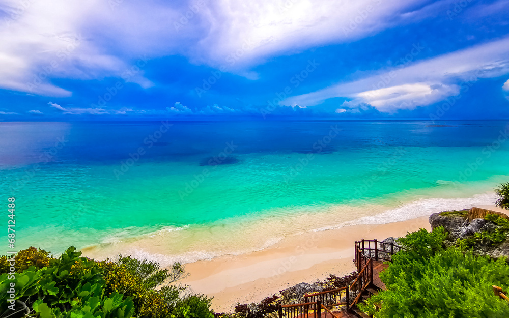Natural seascape panorama beach view Tulum ruins Mayan site Mexico. Natural seascape panorama beach view Tulum ruins Mayan site Mexico.