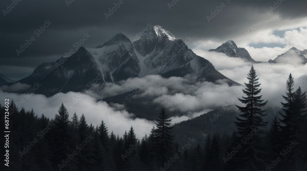 Forest, mountains, clouds, gray tones