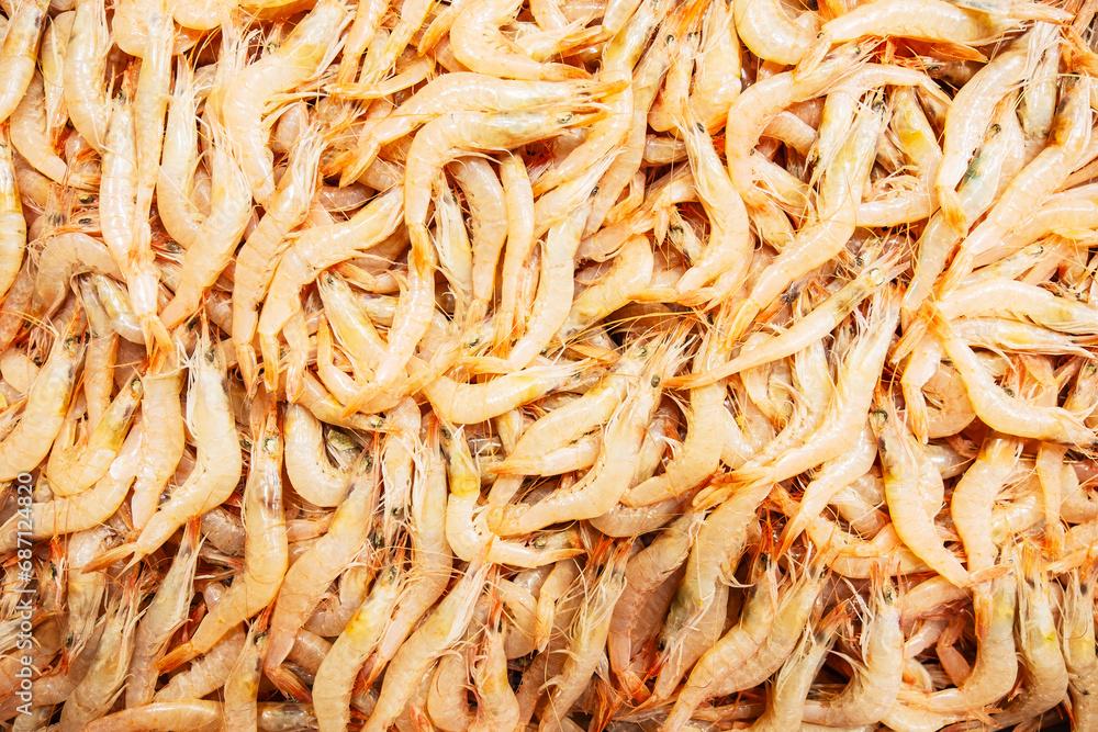 A pattern of small pink shrimp at the fish market A pattern of small pink shrimp at the fish market