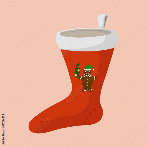 Red christmas sock with cookie. Pink background vector illustration