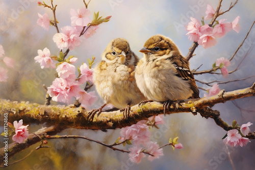 Small sparrows chicks sit in garden surrounded by pink Sakura blossoms 