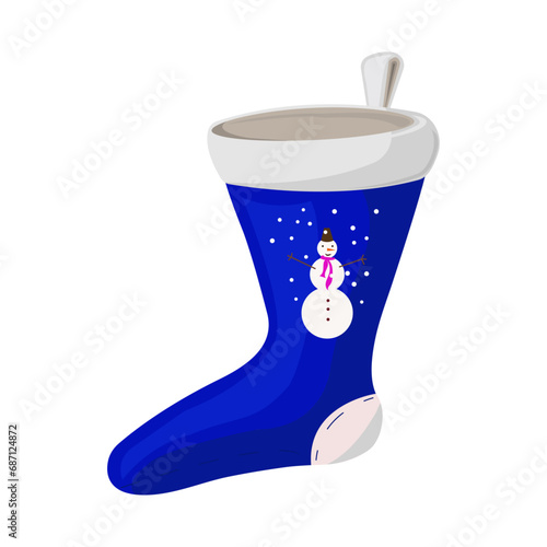Blue christmas sock wth snowman. Vector ilustration