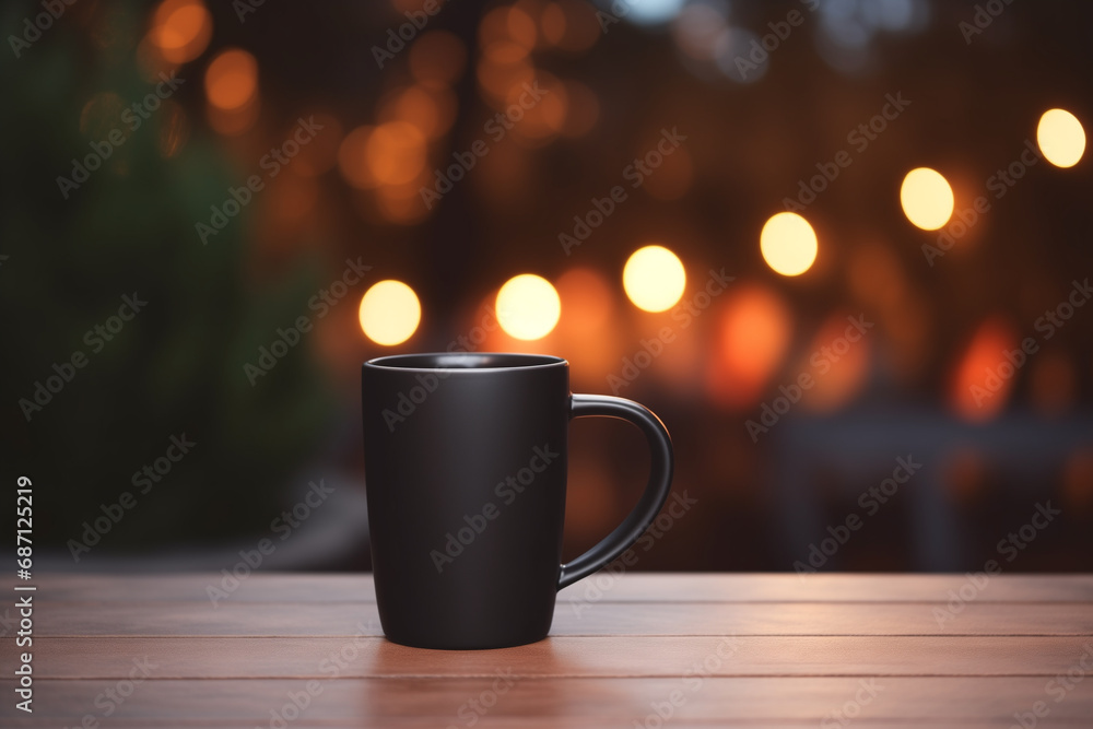 Black mug on wooden table in the cafe, Mockup for design. Black mug on wooden table in the cafe, Mockup for design.