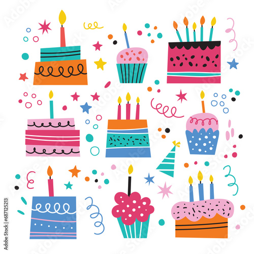 Vector doodle set of birthday cakes.