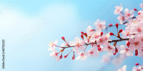 Japanese Sakura Blooms Against a Clear Blue Sky  Cherry Blossoms in Serene natural background.